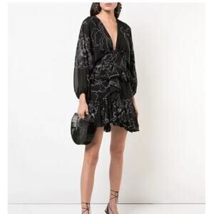 NEW Shona Joy Plunged Ruffle Mini Dress Size 6 Black/ White